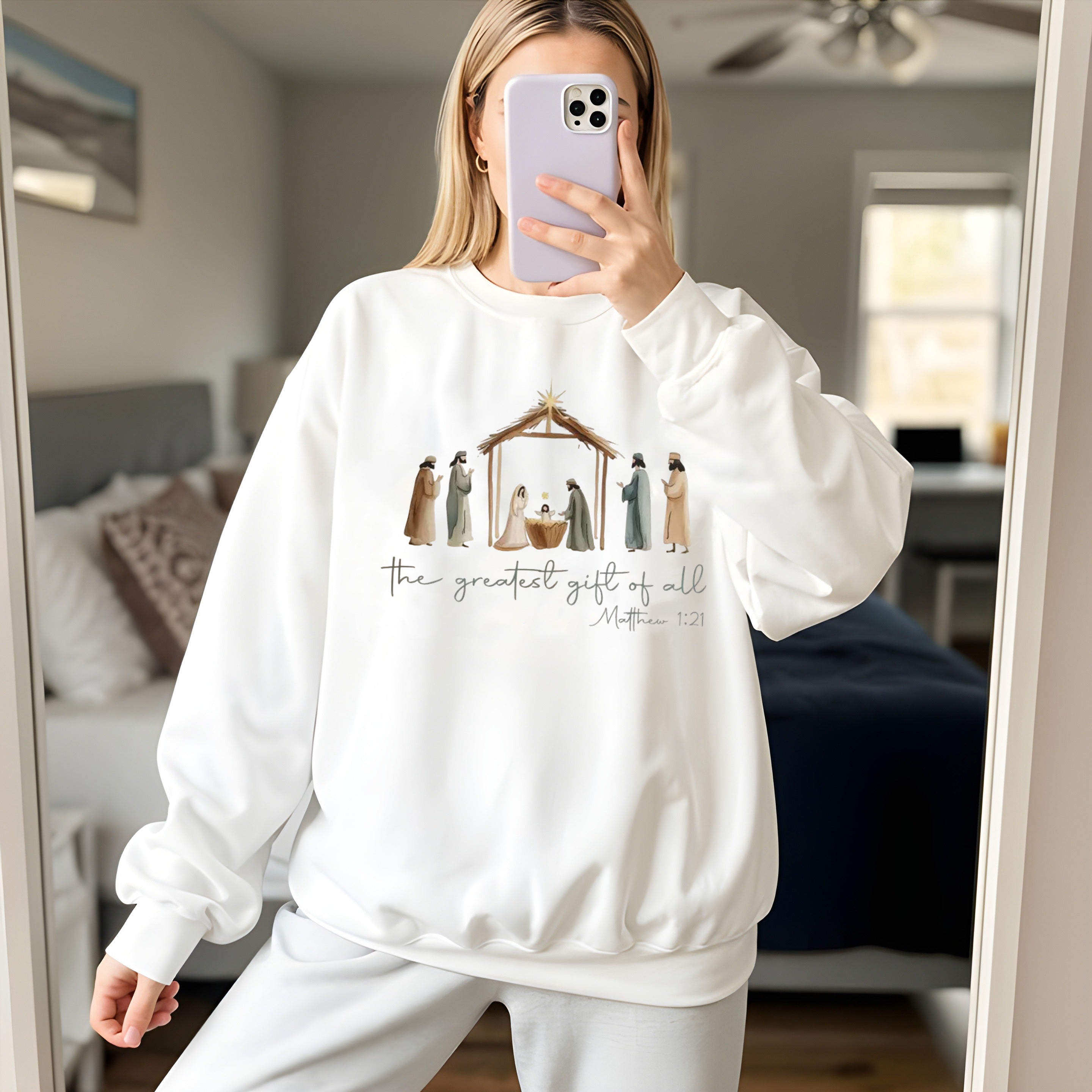 The Greatest Gift Of All Sweatshirt, Nativity Scene Christian Pullover, Religious Holiday Crewneck